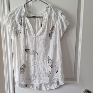 T Tahari White Feather Print Blouse